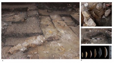 Figure 6. Natufian remains. a): A wall-like structure incorporating a wild cattle horn, facing south; b): a close up of the horn, facing north; c) another installation incorporating a wild cattle horn and a large stone slab; d): microlithic lunates.